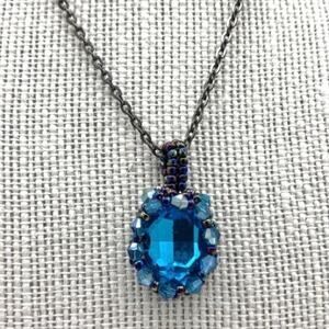 BLUE oval Crystal bezeled pendant necklace‎ Antique bronze Handmade by OilNana